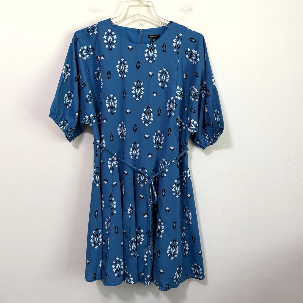Ann Taylor Dress M Petite Floral Polynesian Blue Short Belted Short Sleeve NEW